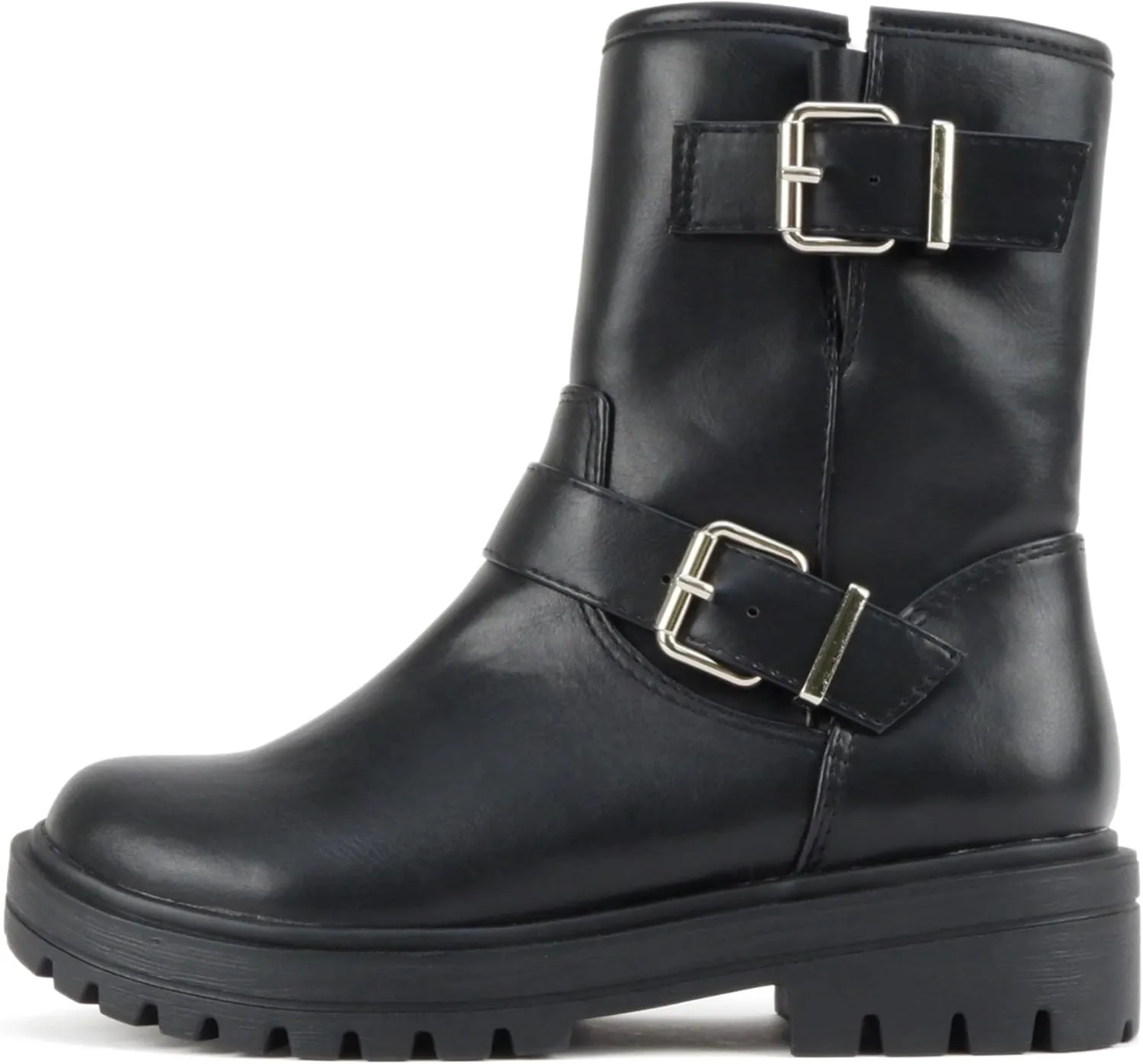 Soda “Kicker” ~ Women Moto Bootie Round Toe Buckle Straps Mid-Calf with Side Zipper