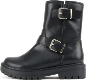 Soda “Kicker” ~ Women Moto Bootie Round Toe Buckle Straps Mid-Calf with Side Zipper
