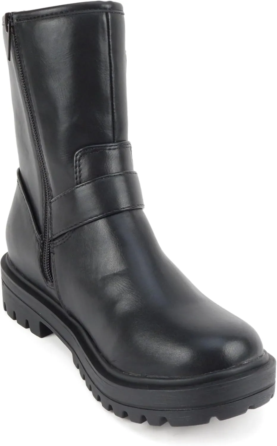 Soda “Kicker” ~ Women Moto Bootie Round Toe Buckle Straps Mid-Calf with Side Zipper