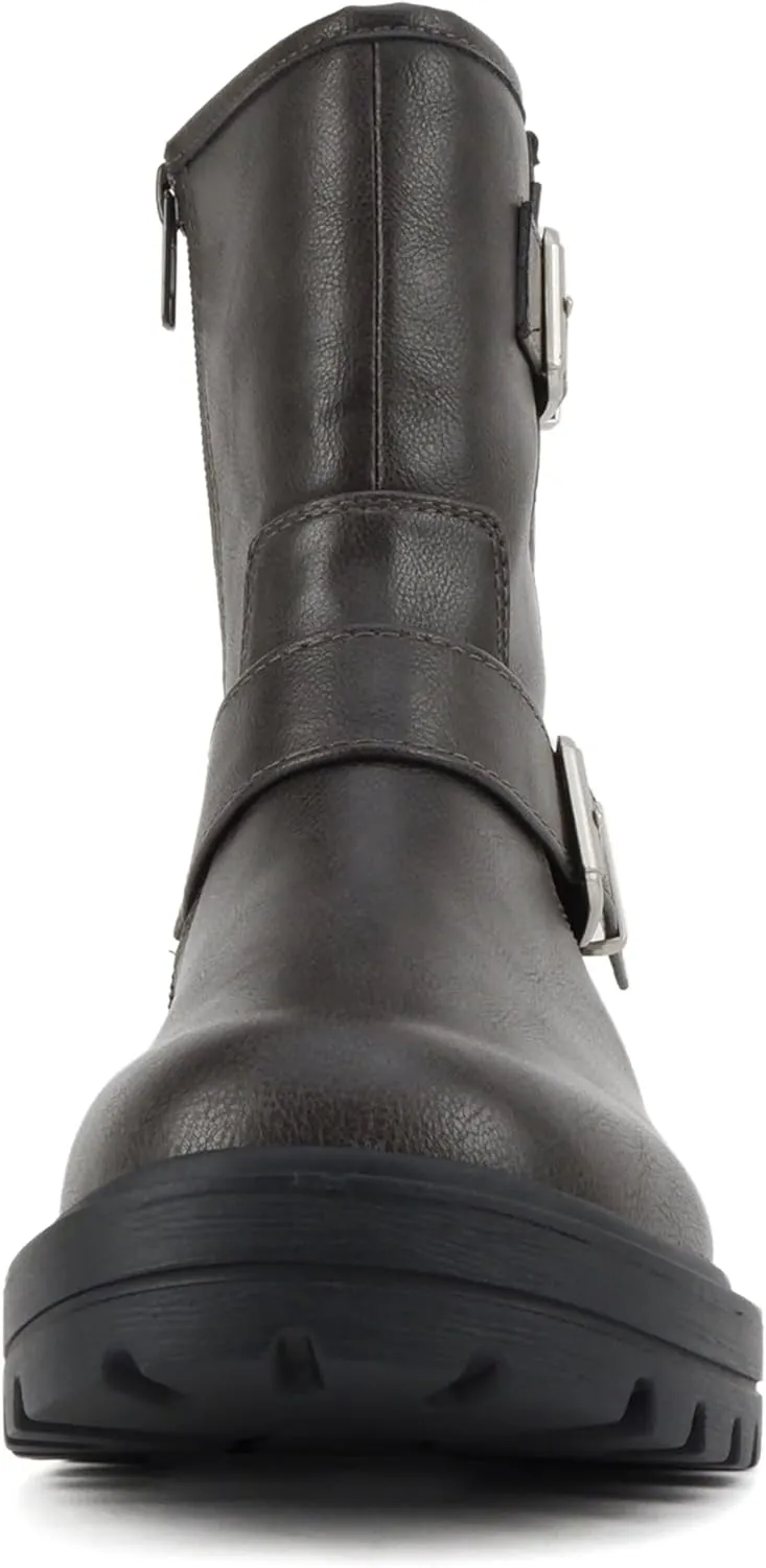 Soda “Kicker” ~ Women Moto Bootie Round Toe Buckle Straps Mid-Calf with Side Zipper
