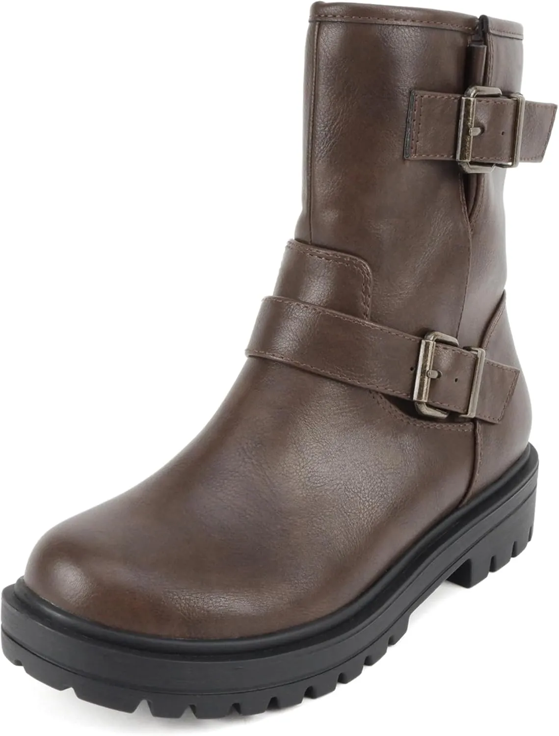 Soda “Kicker” ~ Women Moto Bootie Round Toe Buckle Straps Mid-Calf with Side Zipper