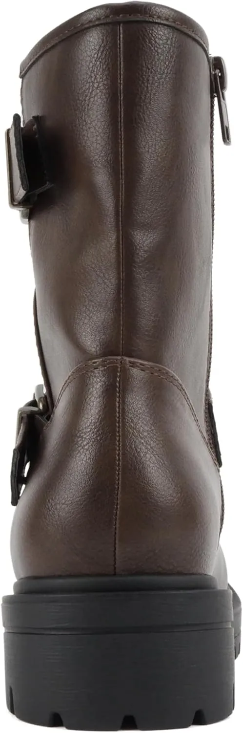 Soda “Kicker” ~ Women Moto Bootie Round Toe Buckle Straps Mid-Calf with Side Zipper