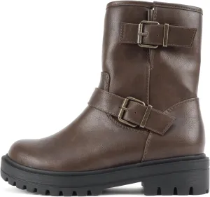Soda “Kicker” ~ Women Moto Bootie Round Toe Buckle Straps Mid-Calf with Side Zipper