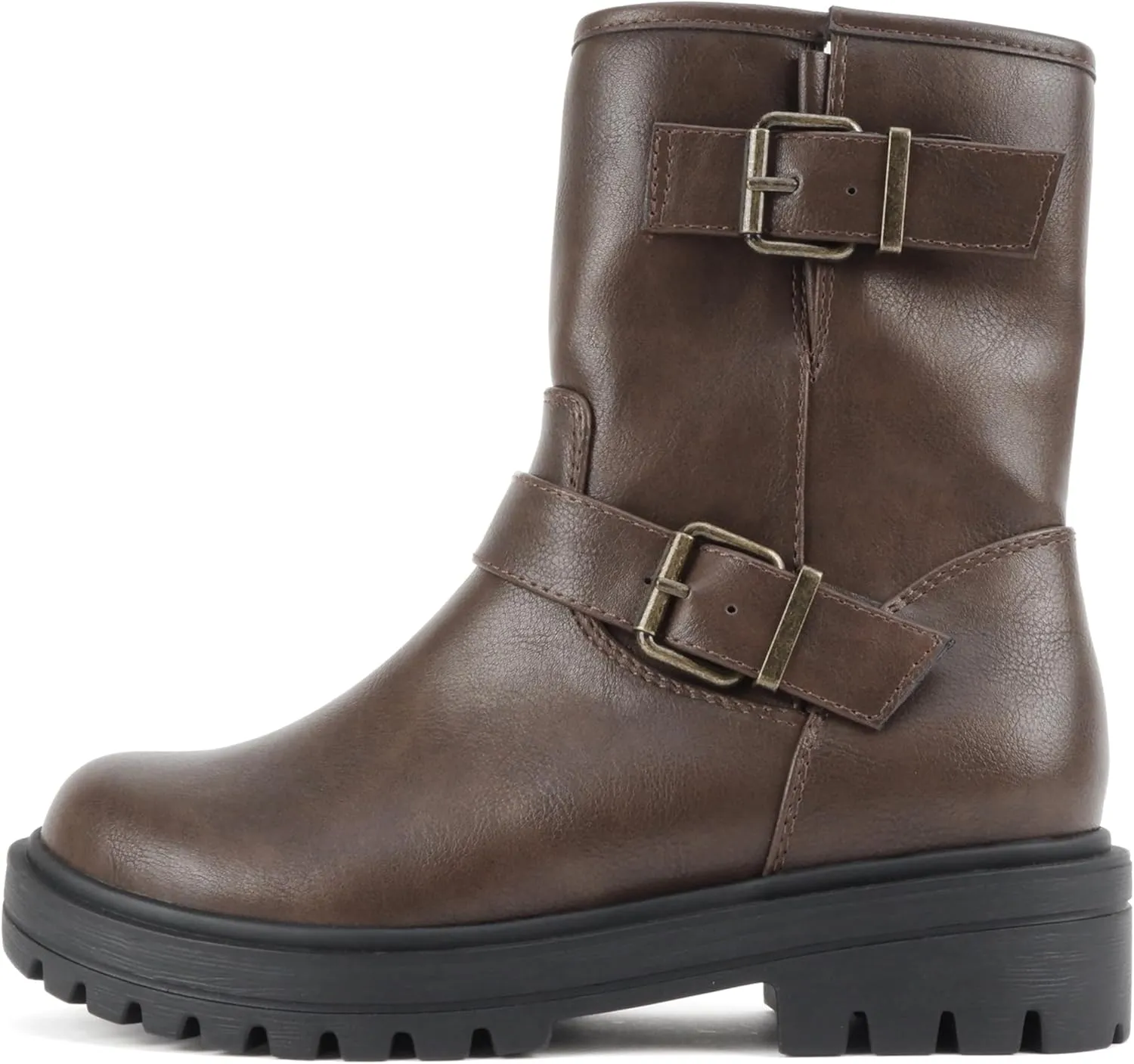 Soda “Kicker” ~ Women Moto Bootie Round Toe Buckle Straps Mid-Calf with Side Zipper