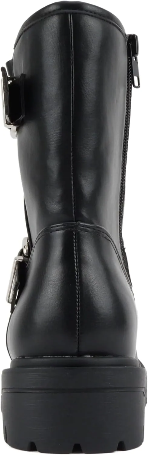Soda “Kicker” ~ Women Moto Bootie Round Toe Buckle Straps Mid-Calf with Side Zipper