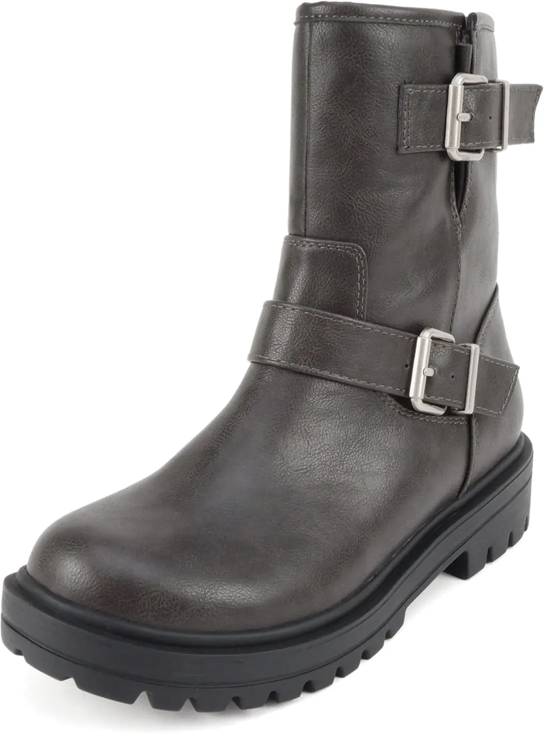 Soda “Kicker” ~ Women Moto Bootie Round Toe Buckle Straps Mid-Calf with Side Zipper