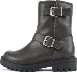 Soda “Kicker” ~ Women Moto Bootie Round Toe Buckle Straps Mid-Calf with Side Zipper