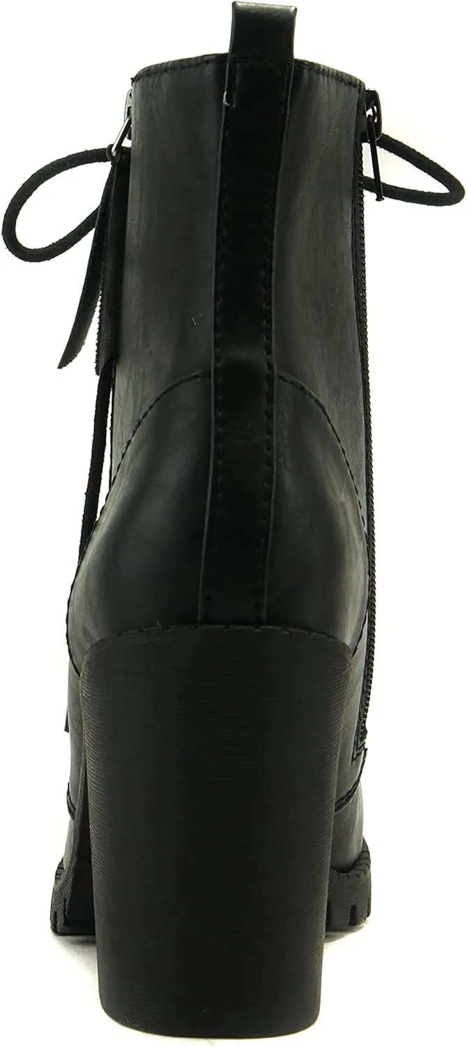 Soda Malia Round Toe Stacked Lug Heel Lace Up Ankle Booties