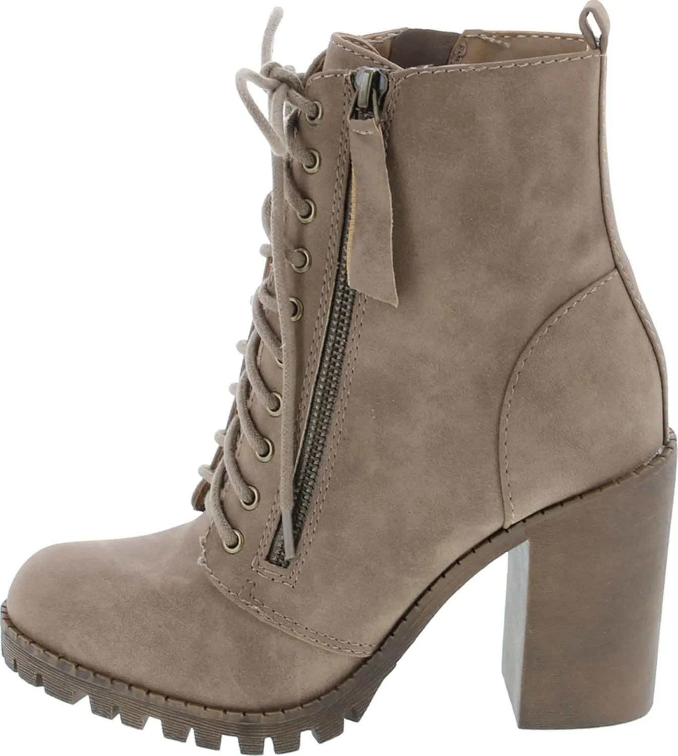 Soda Malia Round Toe Stacked Lug Heel Lace Up Ankle Booties