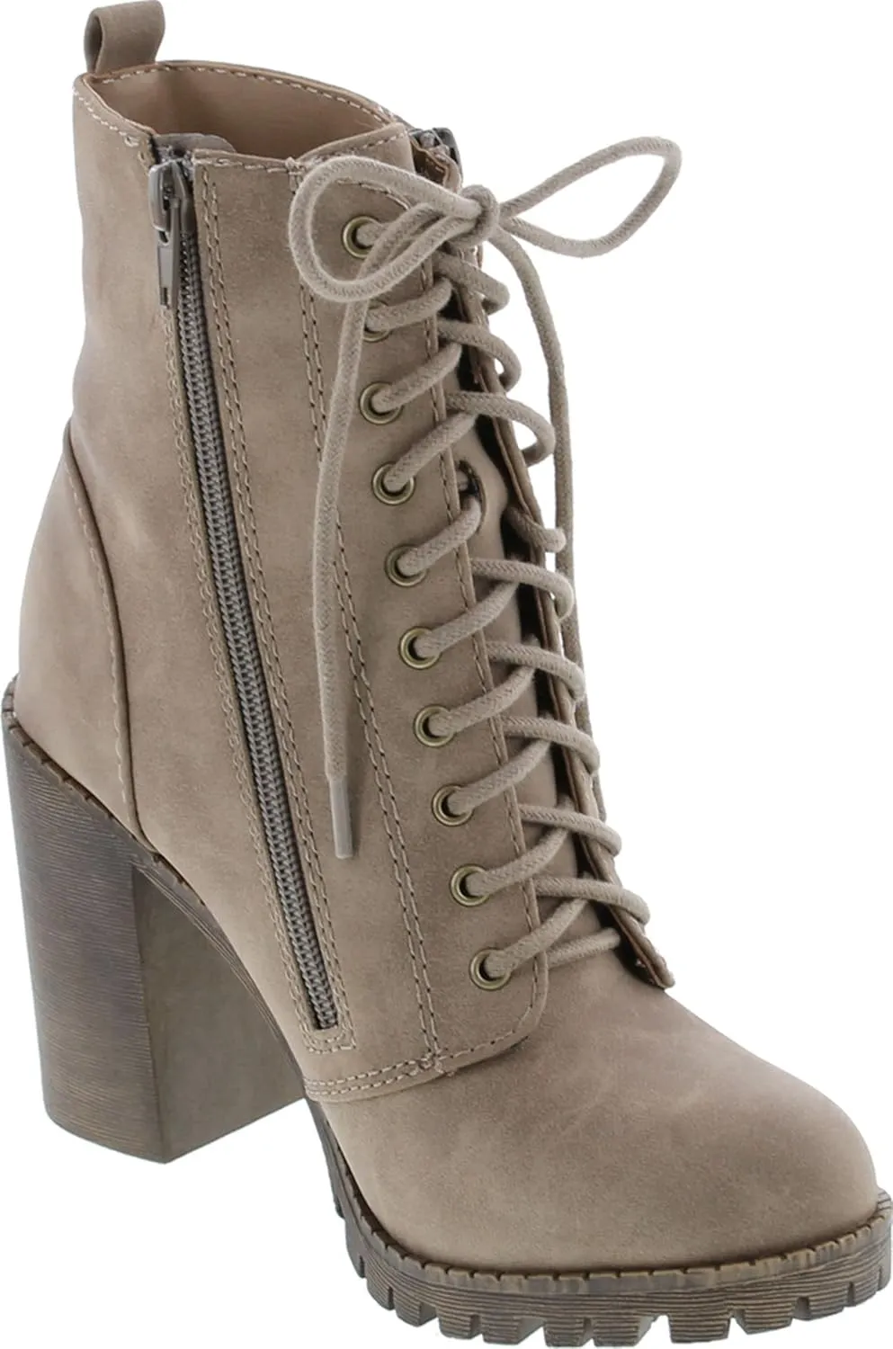 Soda Malia Round Toe Stacked Lug Heel Lace Up Ankle Booties