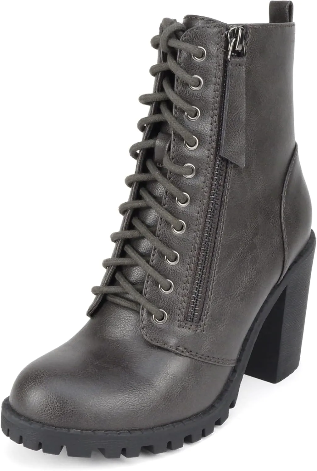 Soda Malia Round Toe Stacked Lug Heel Lace Up Ankle Booties