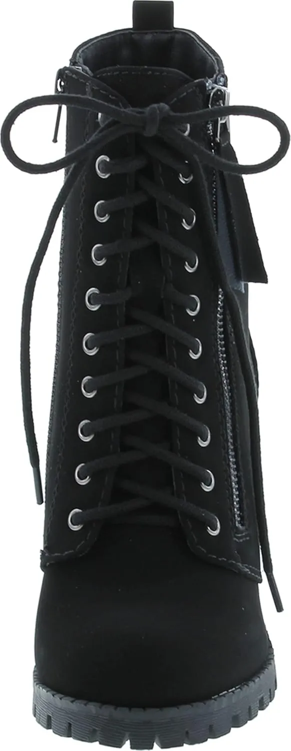 Soda Malia Round Toe Stacked Lug Heel Lace Up Ankle Booties