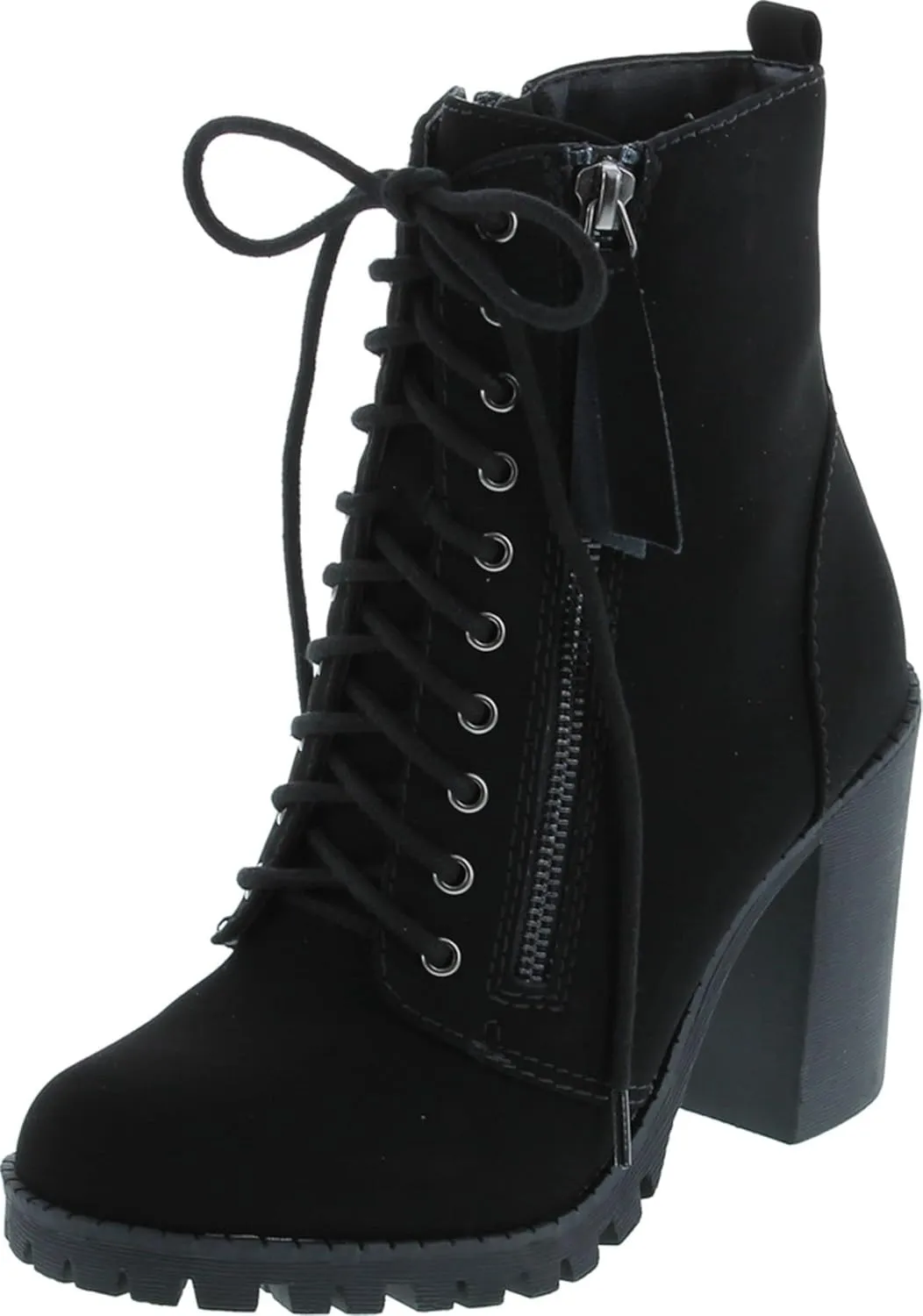 Soda Malia Round Toe Stacked Lug Heel Lace Up Ankle Booties
