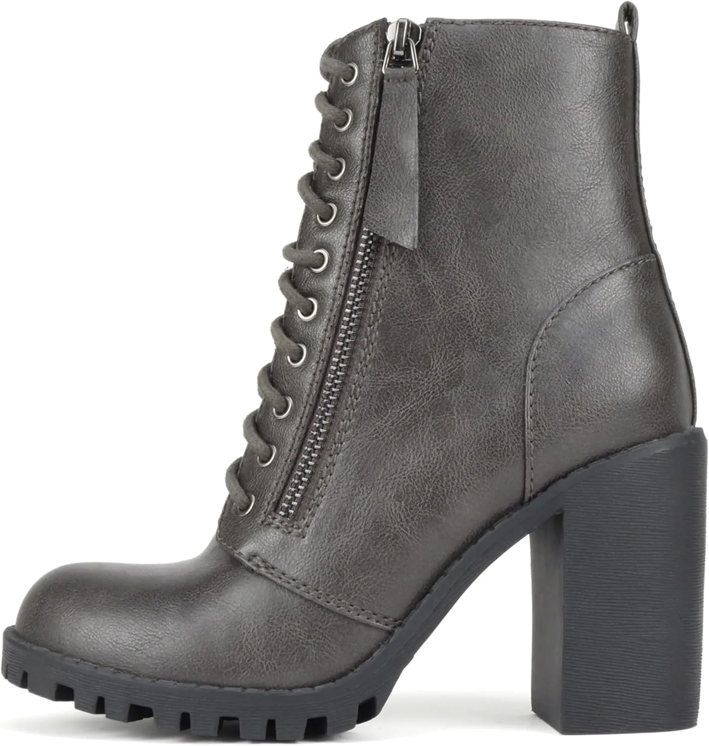 Soda Malia Round Toe Stacked Lug Heel Lace Up Ankle Booties