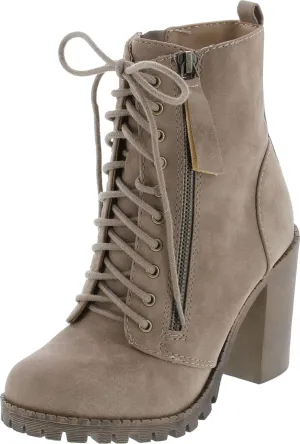 Soda Malia Round Toe Stacked Lug Heel Lace Up Ankle Booties