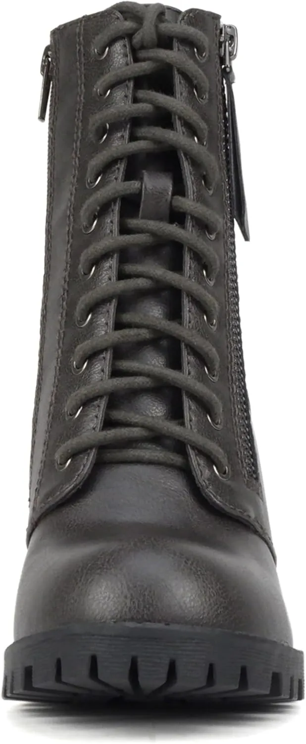 Soda Malia Round Toe Stacked Lug Heel Lace Up Ankle Booties