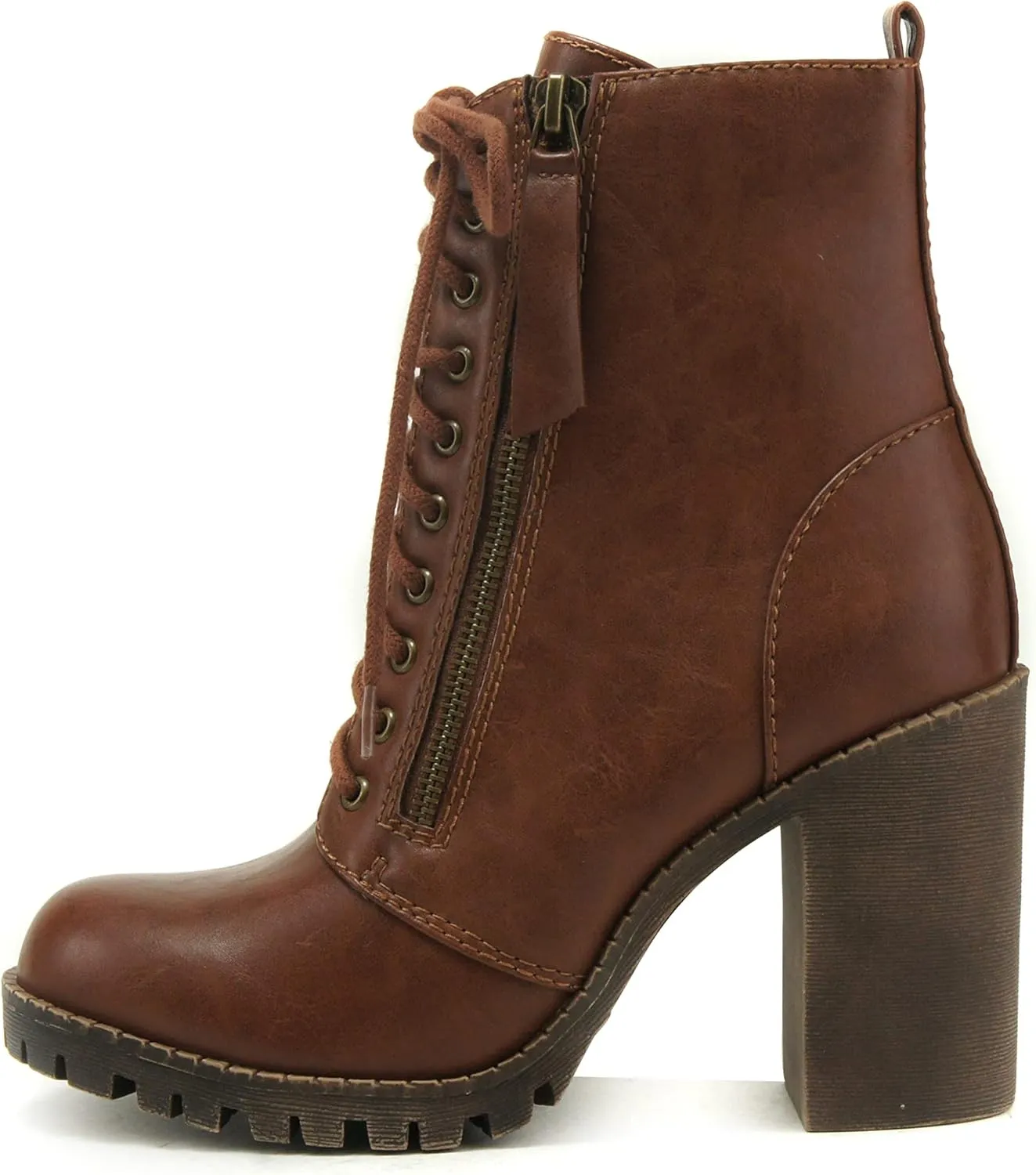 Soda Malia Round Toe Stacked Lug Heel Lace Up Ankle Booties