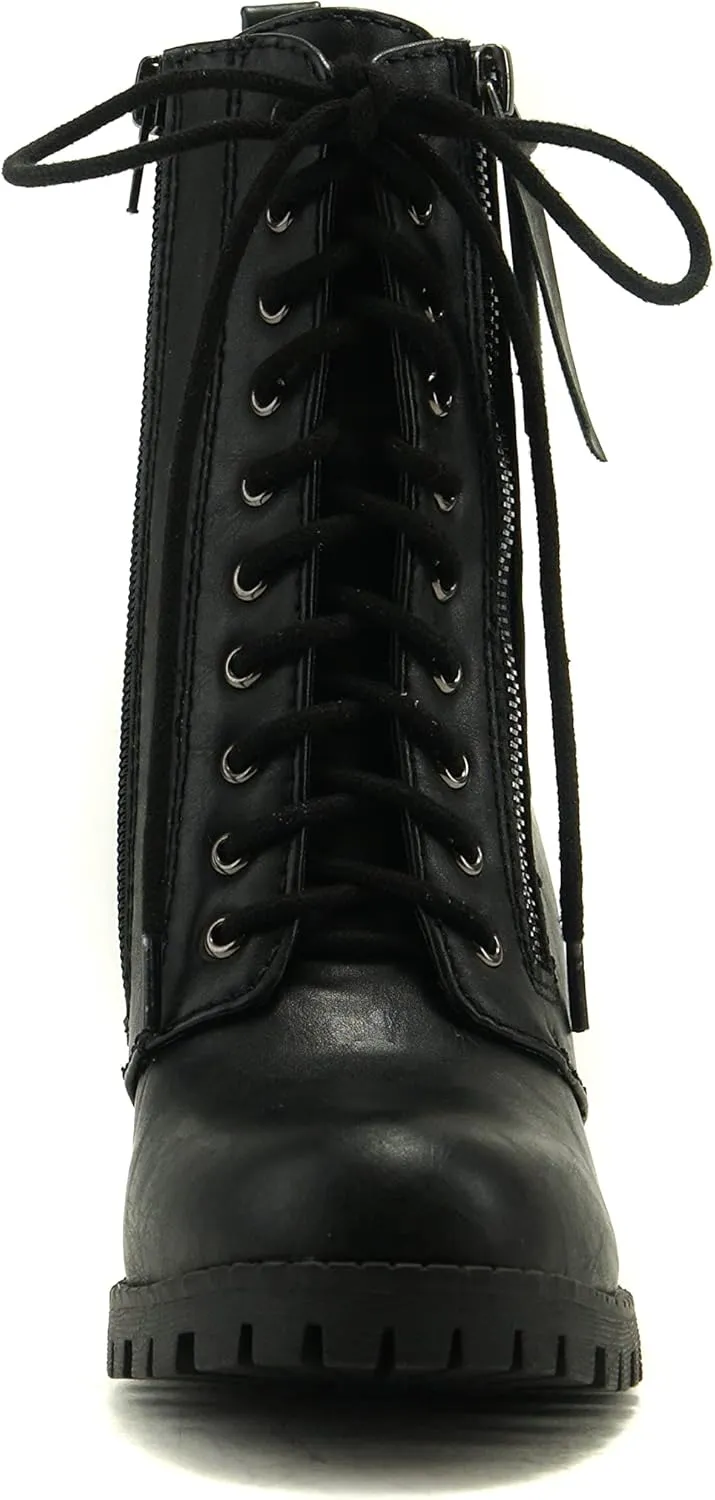 Soda Malia Round Toe Stacked Lug Heel Lace Up Ankle Booties