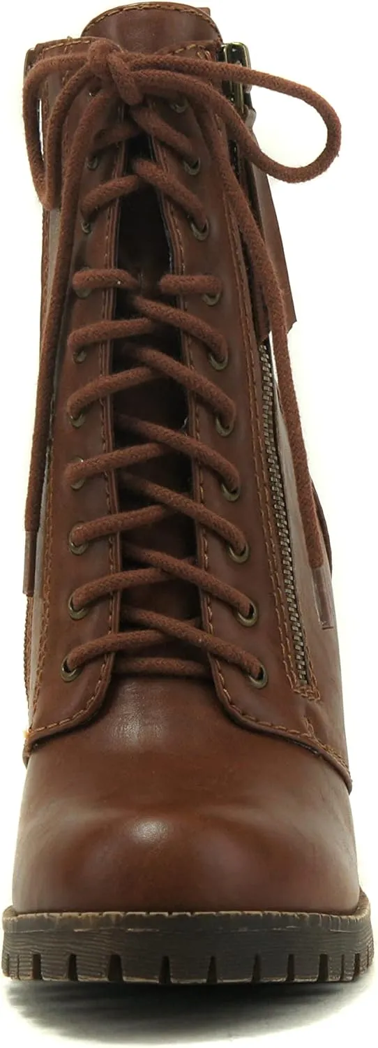 Soda Malia Round Toe Stacked Lug Heel Lace Up Ankle Booties