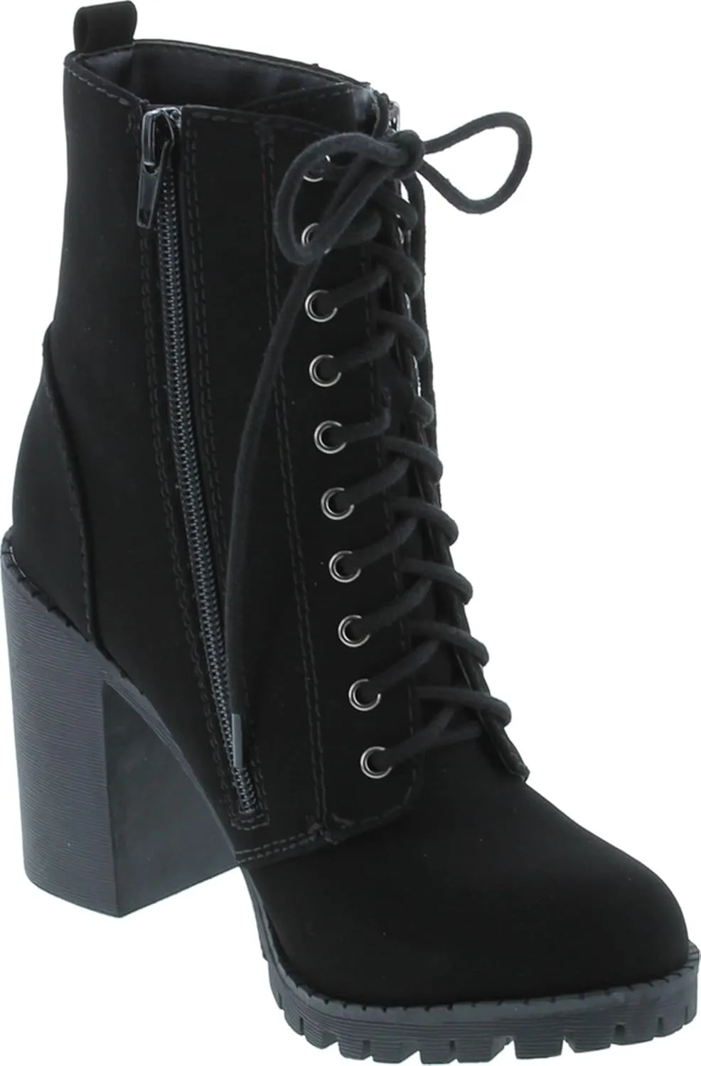 Soda Malia Round Toe Stacked Lug Heel Lace Up Ankle Booties