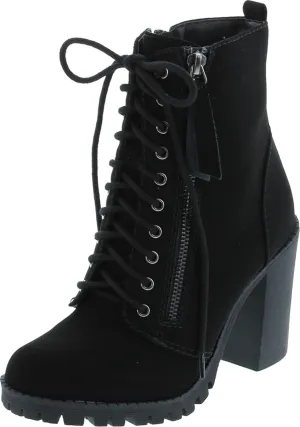 Soda Malia Round Toe Stacked Lug Heel Lace Up Ankle Booties