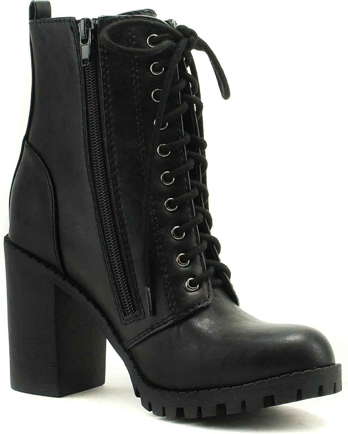 Soda Malia Round Toe Stacked Lug Heel Lace Up Ankle Booties
