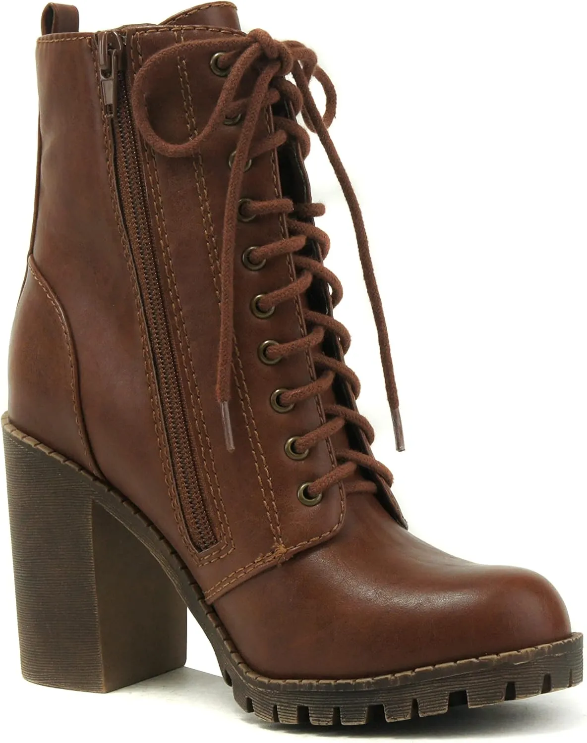Soda Malia Round Toe Stacked Lug Heel Lace Up Ankle Booties