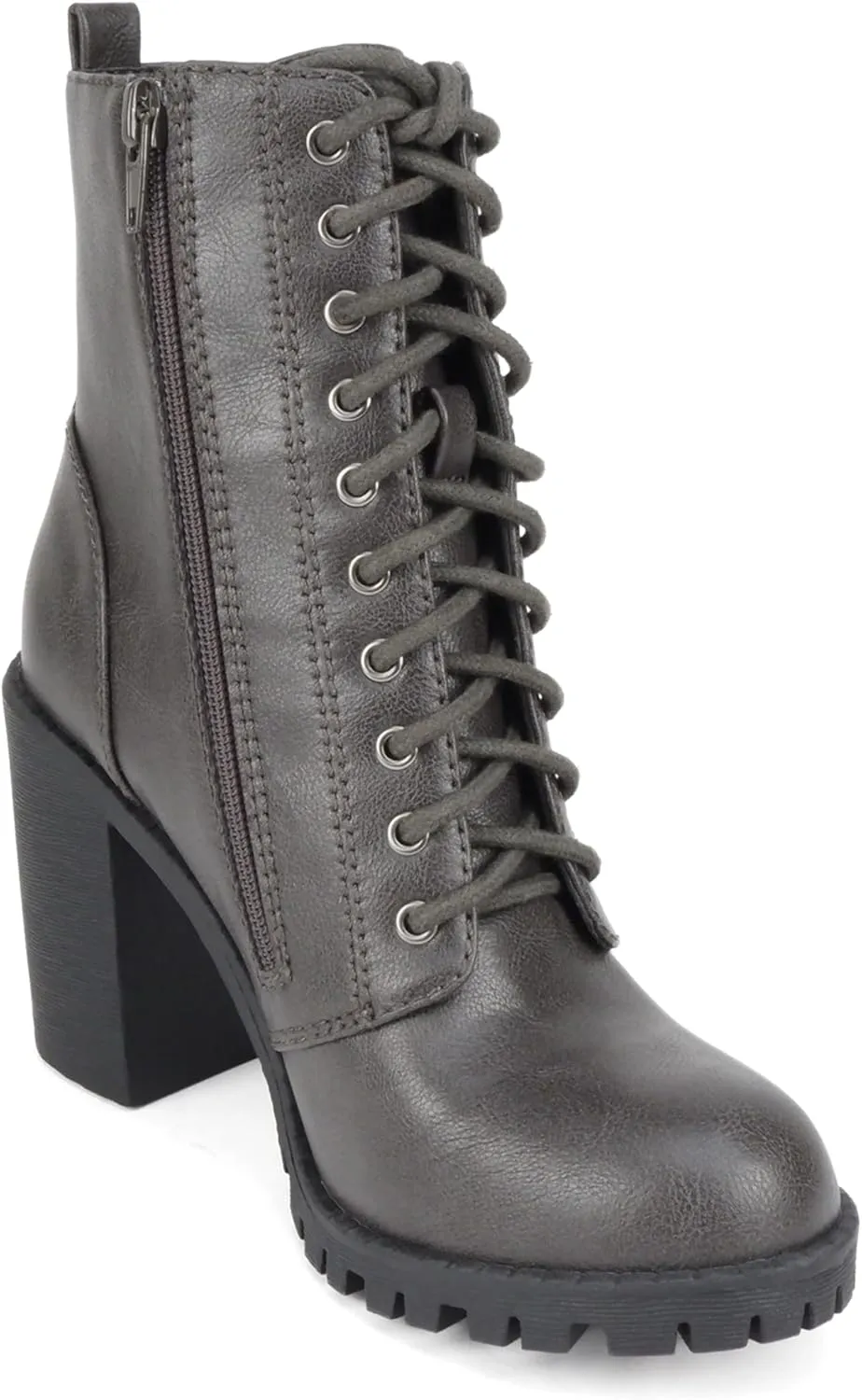 Soda Malia Round Toe Stacked Lug Heel Lace Up Ankle Booties