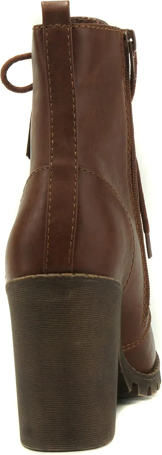 Soda Malia Round Toe Stacked Lug Heel Lace Up Ankle Booties