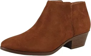 SODA Women's Round Toe Faux Suede Stacked Heel Western Ankle Bootie