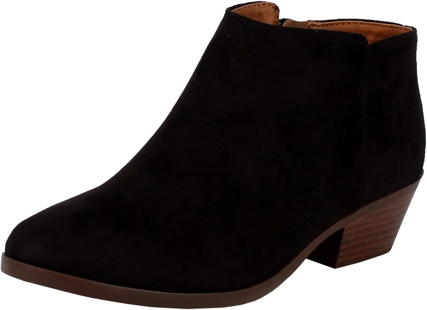 SODA Women's Round Toe Faux Suede Stacked Heel Western Ankle Bootie