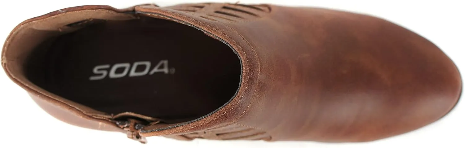 SODA Women's Round Toe Faux Suede Stacked Heel Western Ankle Bootie