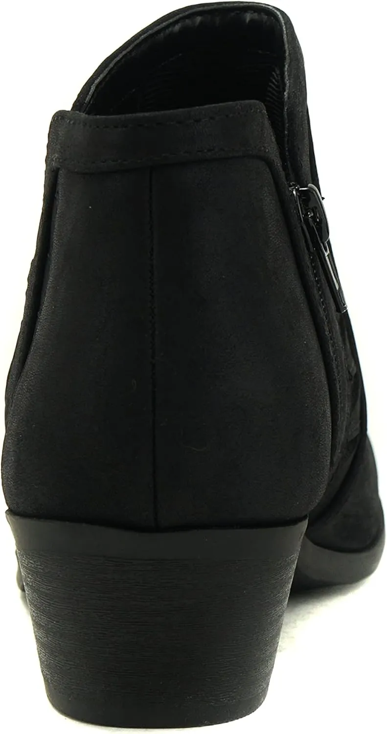 SODA Women's Round Toe Faux Suede Stacked Heel Western Ankle Bootie