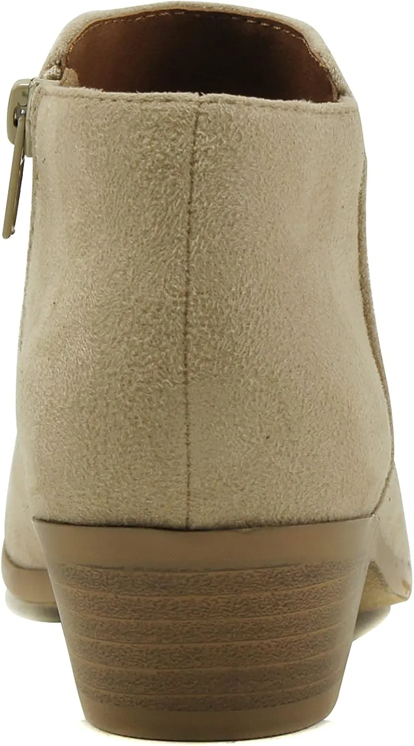 SODA Women's Round Toe Faux Suede Stacked Heel Western Ankle Bootie