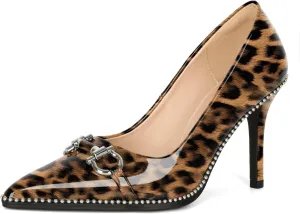Soireelady Womens High Heel Beaded Pumps Closed Pointed Toe Stiletto Heels Buckle Bow Slip On Fashion Dress Shoes Patent 3.5 Inch