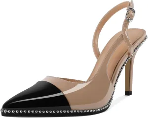 Soireelady Womens Sling Back Heels Pointed Cap Toe Beaded Pumps Stilettos High Heel Pumps Slip On D'Orsay Heels Dress Shoes Wedding 3.5 Inch