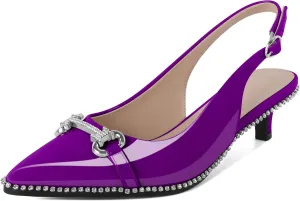 Soireelady Womens Slingback Kitten Heels Low Heel Rhinestones Beaded Pumps Closed Pointed Toe Slip On Party Fashion Dress Shoes 1.5 Inches