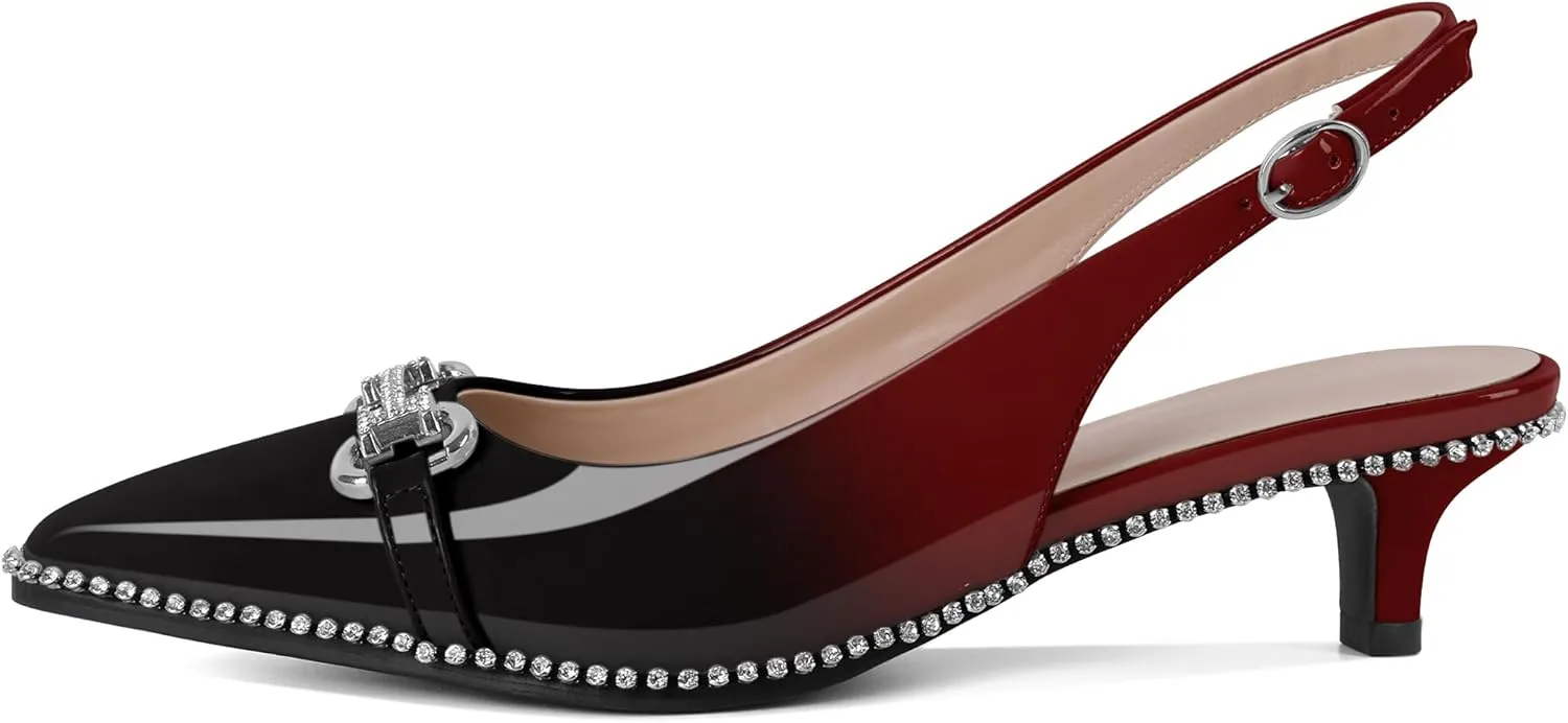 Soireelady Womens Slingback Kitten Heels Low Heel Rhinestones Beaded Pumps Closed Pointed Toe Slip On Party Fashion Dress Shoes 1.5 Inches