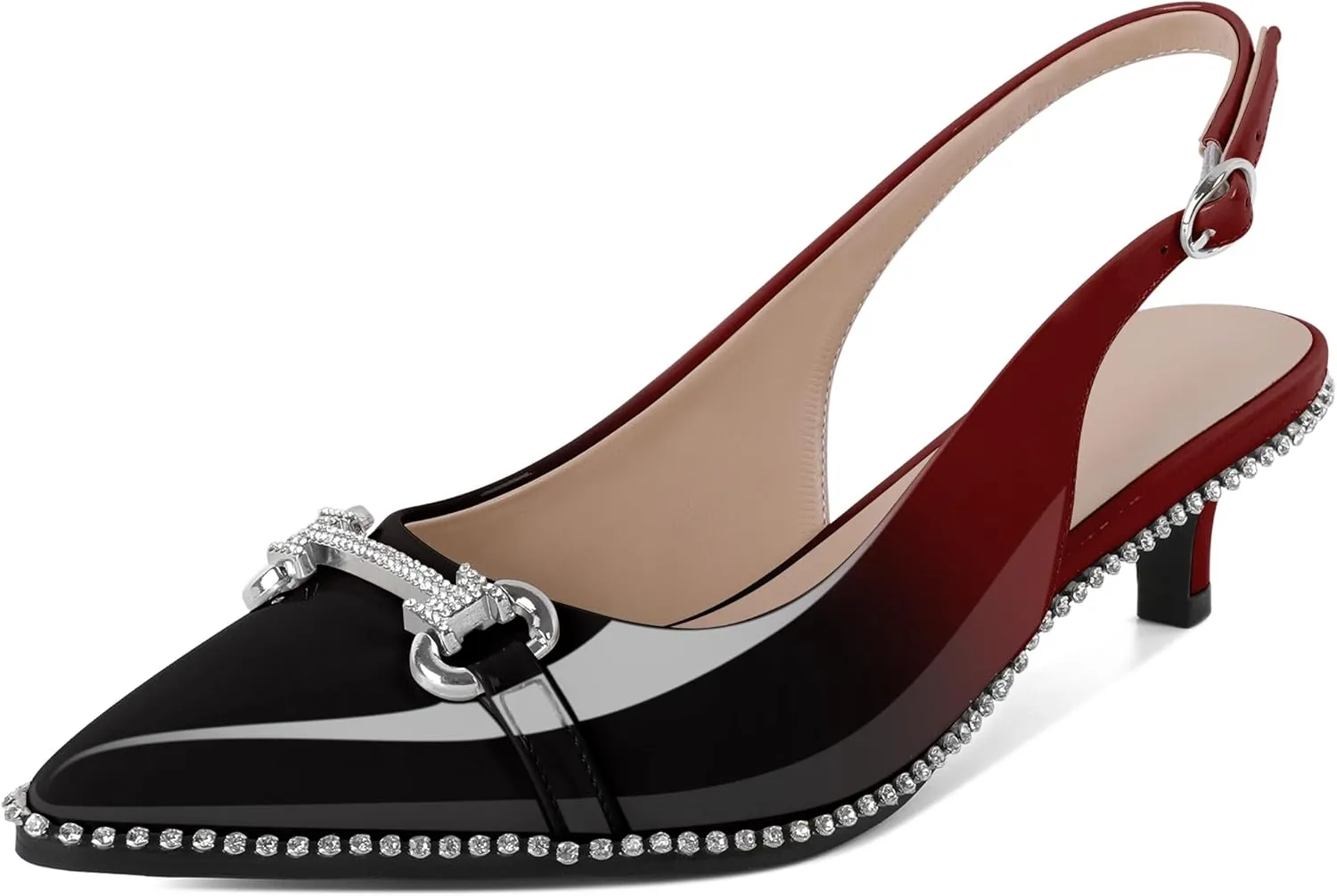 Soireelady Womens Slingback Kitten Heels Low Heel Rhinestones Beaded Pumps Closed Pointed Toe Slip On Party Fashion Dress Shoes 1.5 Inches