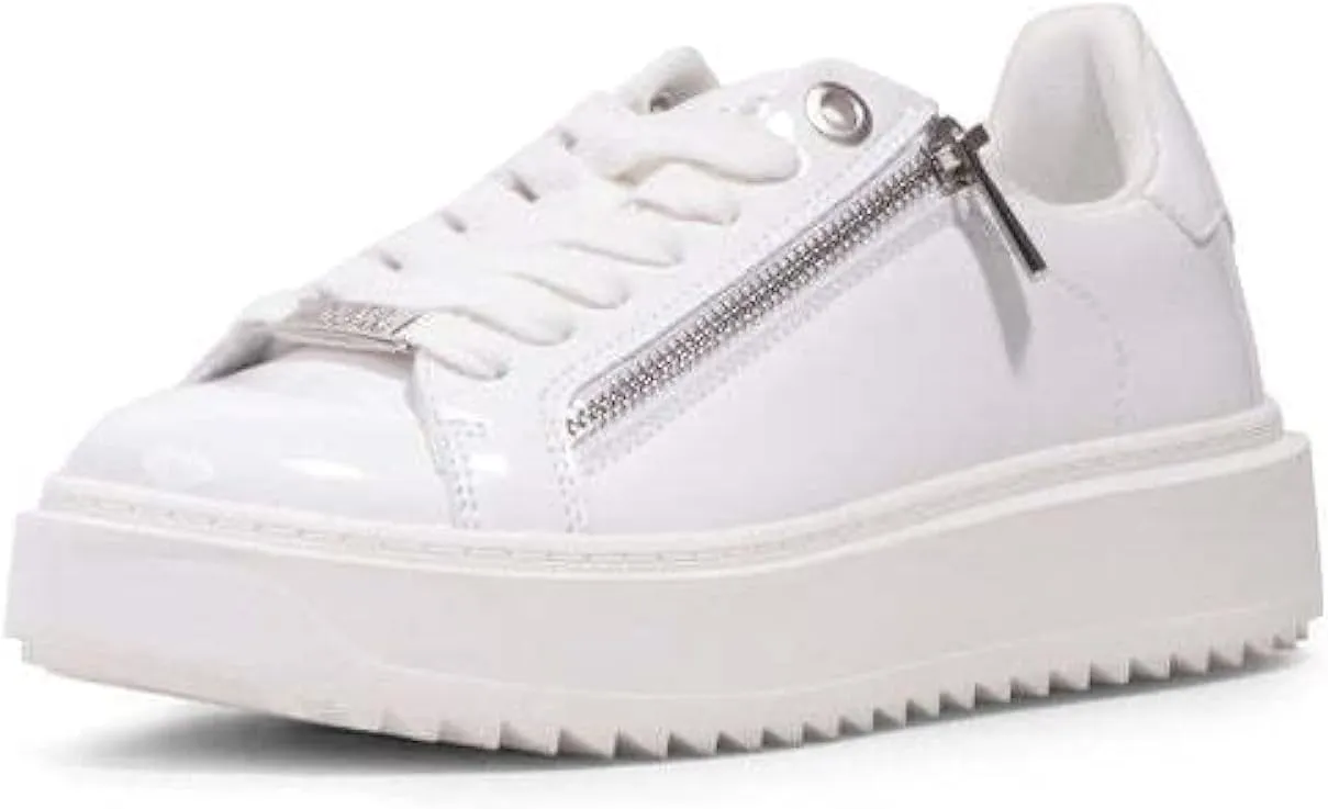 Steve Madden Catchme White Patent Rounded Closed Toe Lace Up Side Zipper Sneaker