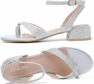 Strappy Sandals Women Dressy Summer Flat Low Block Heeled Thong Sandal Open Split Toe Shoes for Wedding Evening Party