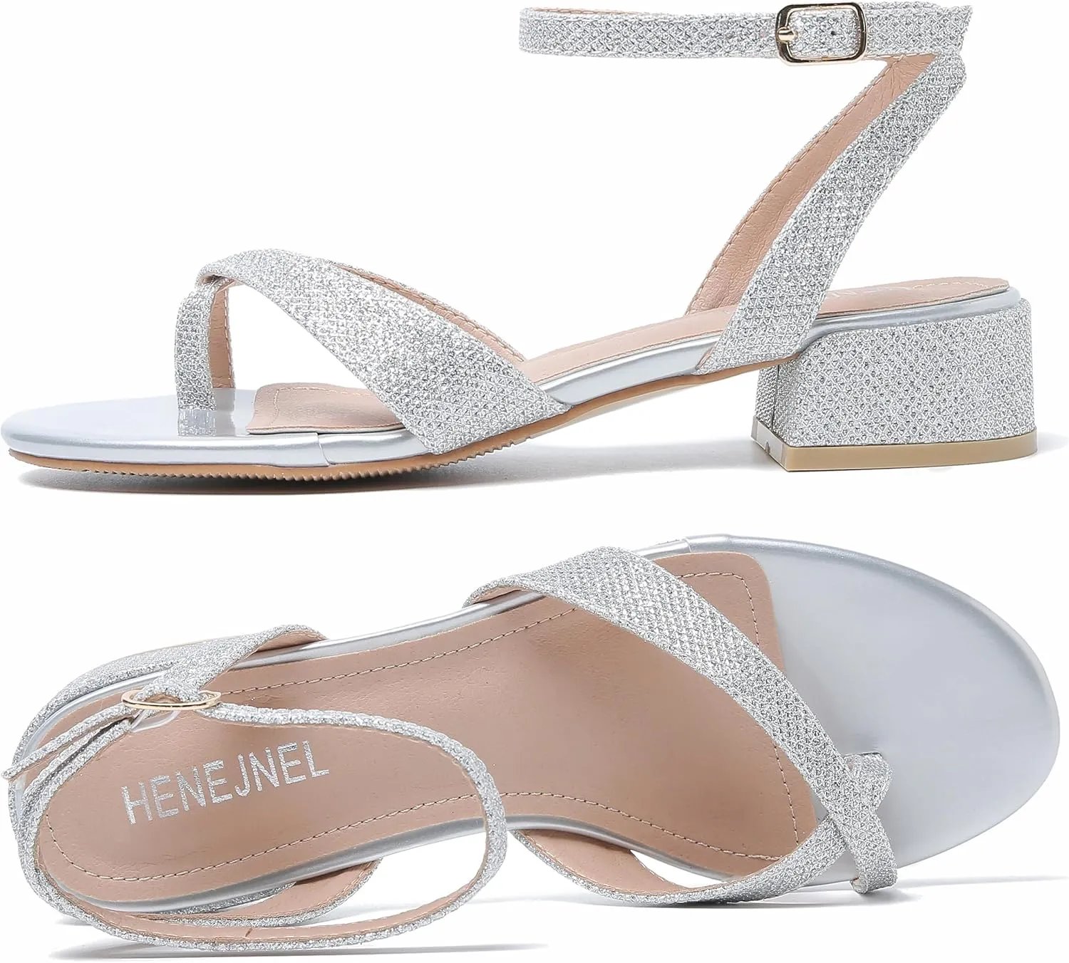 Strappy Sandals Women Dressy Summer Flat Low Block Heeled Thong Sandal Open Split Toe Shoes for Wedding Evening Party