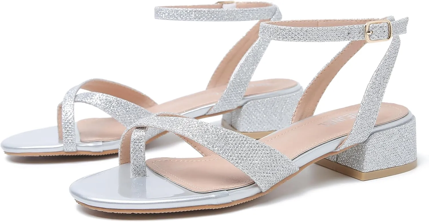 Strappy Sandals Women Dressy Summer Flat Low Block Heeled Thong Sandal Open Split Toe Shoes for Wedding Evening Party