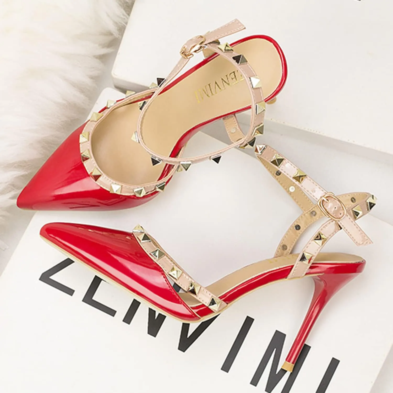Studded Heels for Women Rivet T-Strap Slingback Wedding Stiletto High Heels Pointed Toe Bridal Daily Wear Sandals 3.5 Inch