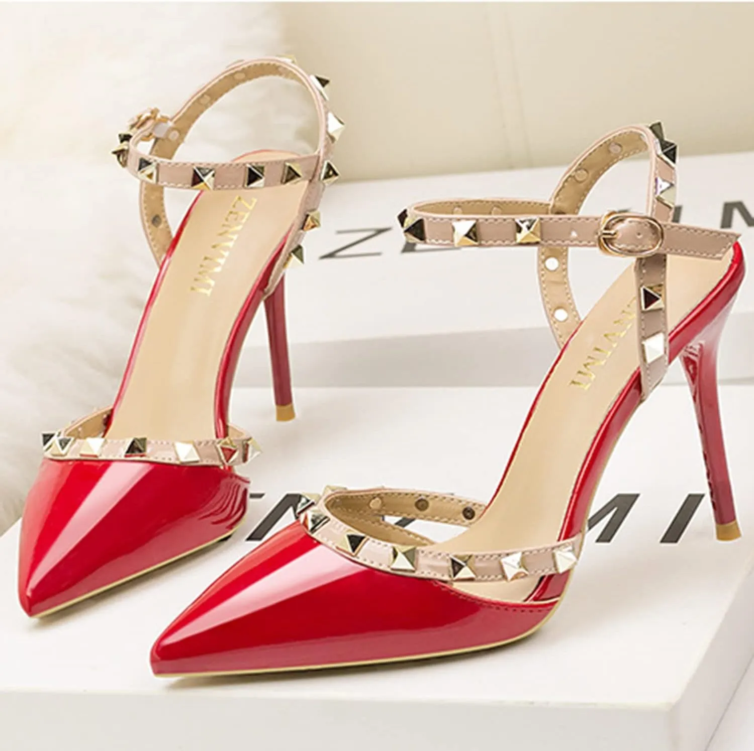 Studded Heels for Women Rivet T-Strap Slingback Wedding Stiletto High Heels Pointed Toe Bridal Daily Wear Sandals 3.5 Inch
