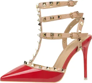 Studded Heels for Women Rivet T-Strap Slingback Wedding Stiletto High Heels Pointed Toe Bridal Daily Wear Sandals 3.5 Inch