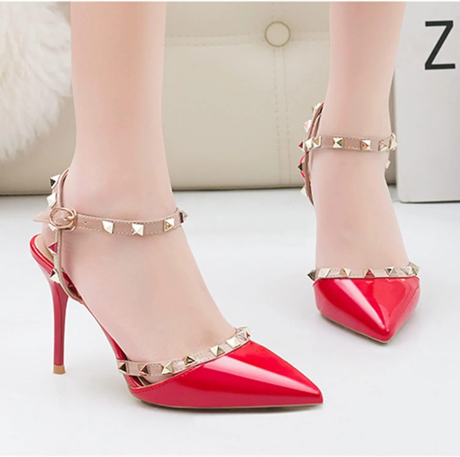 Studded Heels for Women Rivet T-Strap Slingback Wedding Stiletto High Heels Pointed Toe Bridal Daily Wear Sandals 3.5 Inch