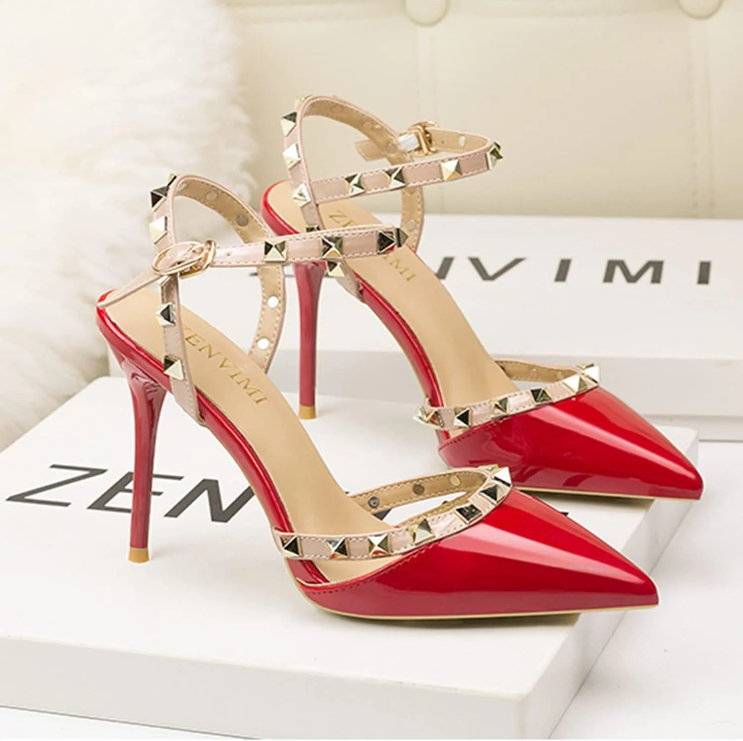 Studded Heels for Women Rivet T-Strap Slingback Wedding Stiletto High Heels Pointed Toe Bridal Daily Wear Sandals 3.5 Inch