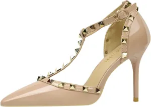 Studded Heels for Women Rivet T-Strap Wedding Stiletto High Heels Pointed Toe Bridal Daily Wear Sandals 3.5 Inch Mid Kitten Heel