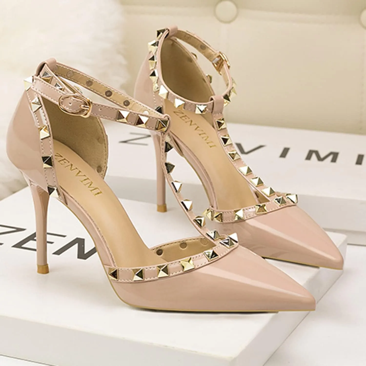 Studded Heels for Women Rivet T-Strap Wedding Stiletto High Heels Pointed Toe Bridal Daily Wear Sandals 3.5 Inch Mid Kitten Heel